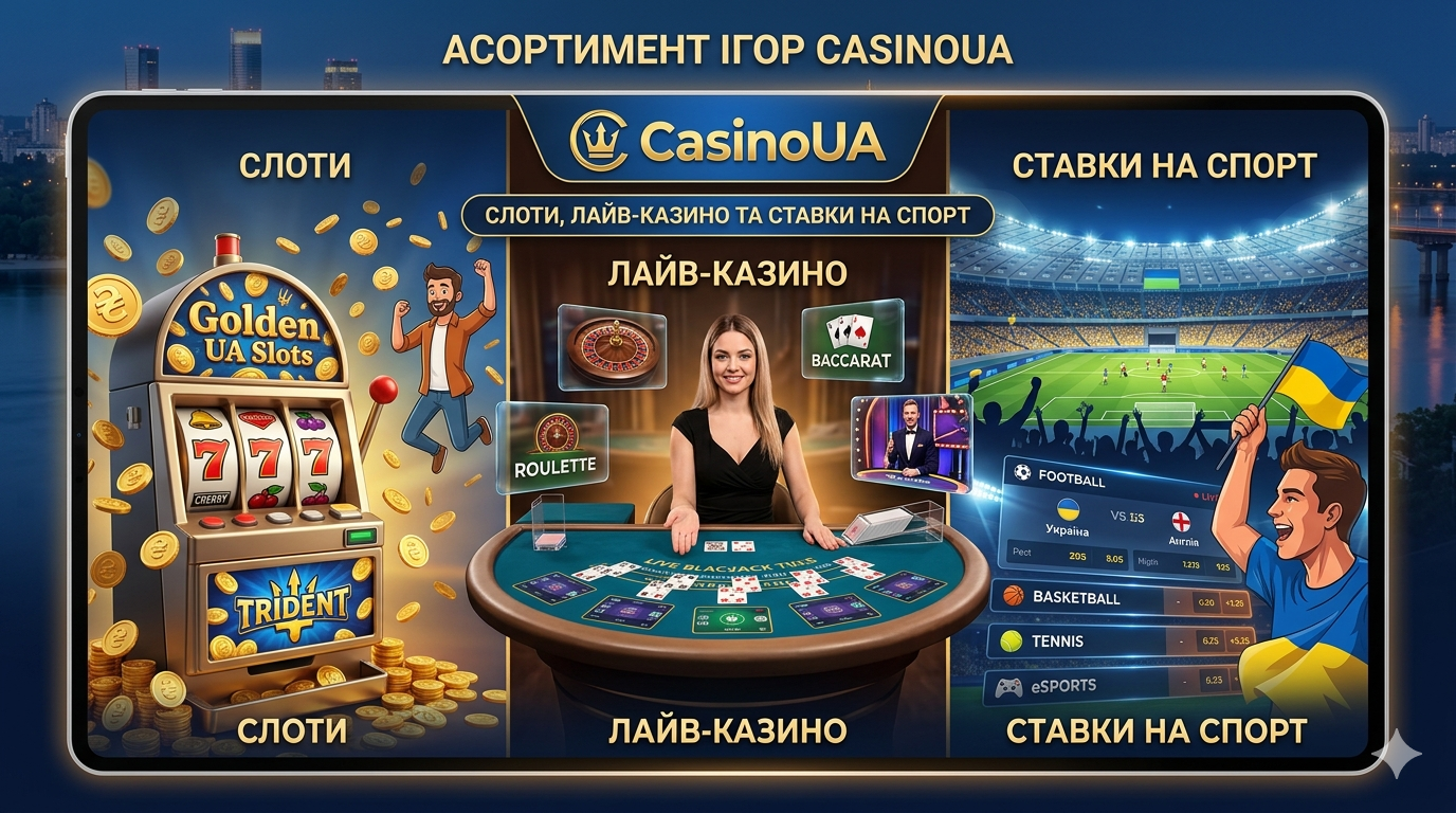 Асортимент ігор CasinoUA &mdash; слоти, лайв-казино та ставки на спорт