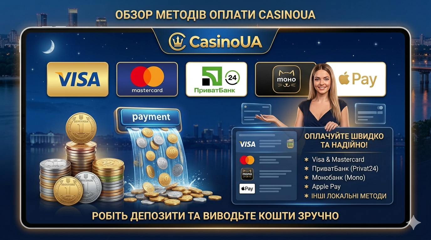 Методи оплати CasinoUA &mdash; Visa, Mastercard, ПриватБанк, Монобанк, Apple Pay